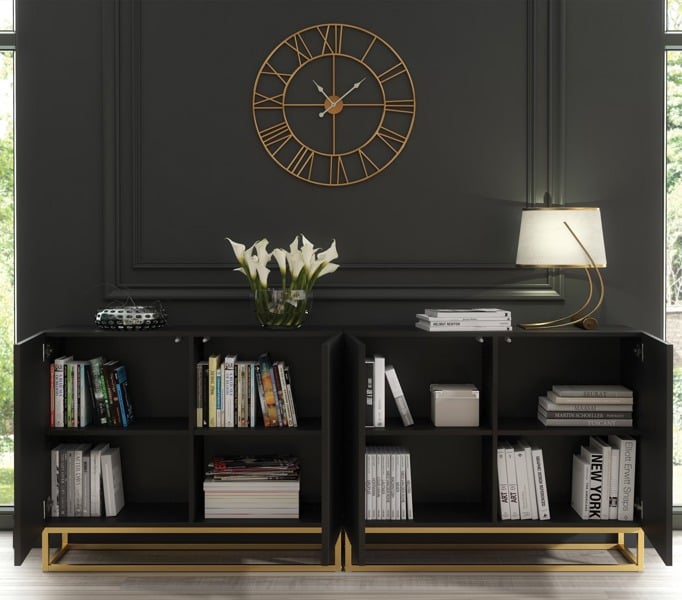 Mex Furniture Sophisticated Black Sideboard with Fluted Fronts & Gold Legs – 200cm Storage Unit