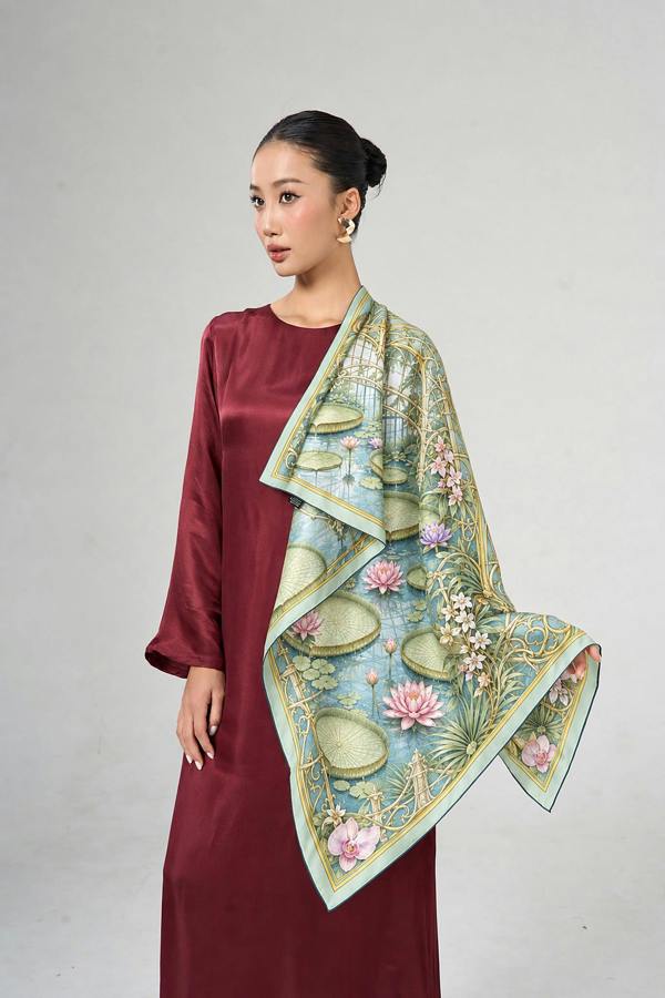 Waterlily House Twill Silk Scarf – Printed Mulberry Silk, Botanical Gift for Her