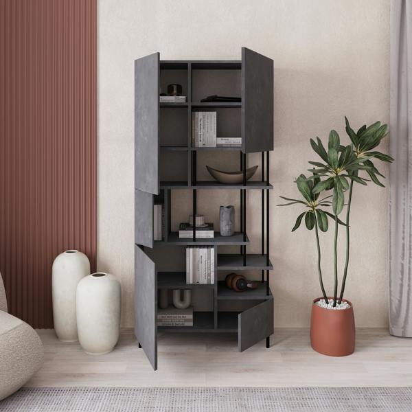 Decortie Modern Key Bookcase 5-Doors Storage Cabinet and Minimal Open Shelves Display Unit Metal Legs 84(W)x175(H)cm