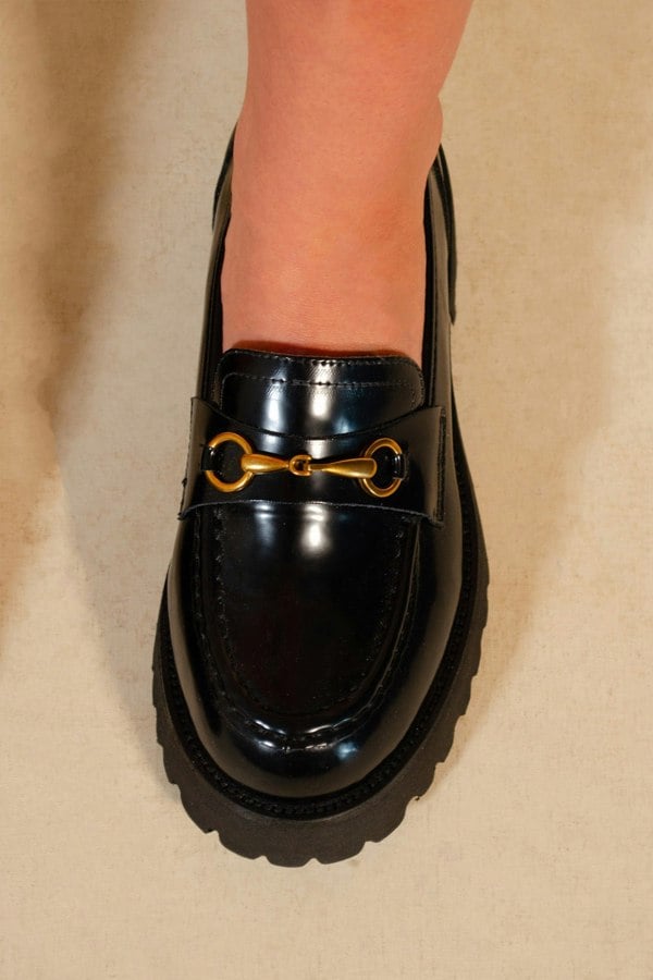 Where's That From Muriel Chunky Sole Slip on Loafers With Metal Detail in Black Patent