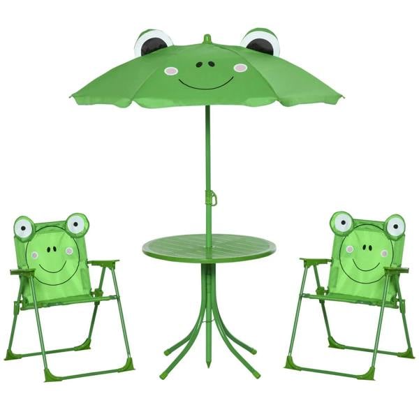 Kids picnic table and chair set with green parasol, round table, two frog chairs