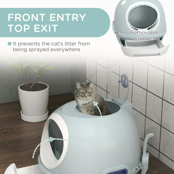 Blue enclosed cat litter box with top exit dome and circular front-entry doorway
