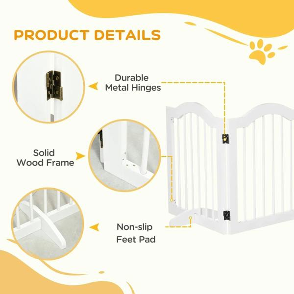 White wood 3-panel dog gate details: metal hinges and non-slip foot pads