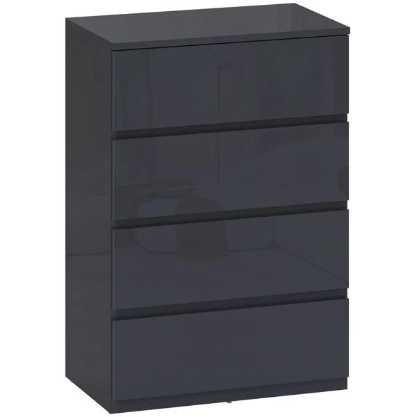 Grey high-gloss 4-drawer dresser cabinet with sleek recessed pulls