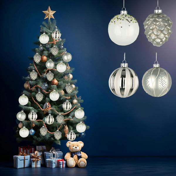 8cm Glass Christmas Baubles Set of 12 with Assorted Festive Designs image 3