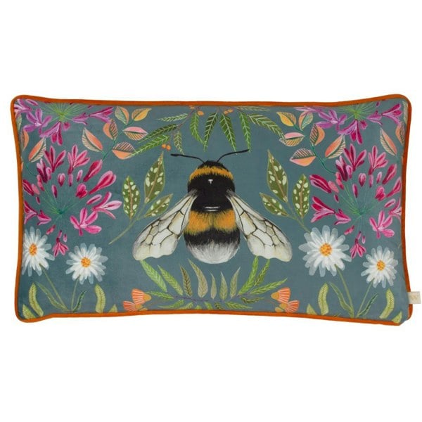 Wylder Nature House of Bloom Zinnia Bee Piped Rectangular Cushion Cover - Steel Blue