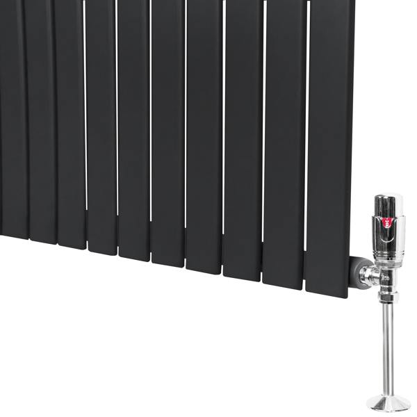 Flat single column radiator in anthracite grey, featuring sleek vertical panels and a polished valve for modern heating solutions