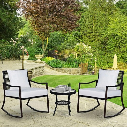 Bobobiy Rattan Bistro Set, 3 Pieces Wicker Garden Set with Rocking Chairs and Round Glass Top Coffee Table, Brown