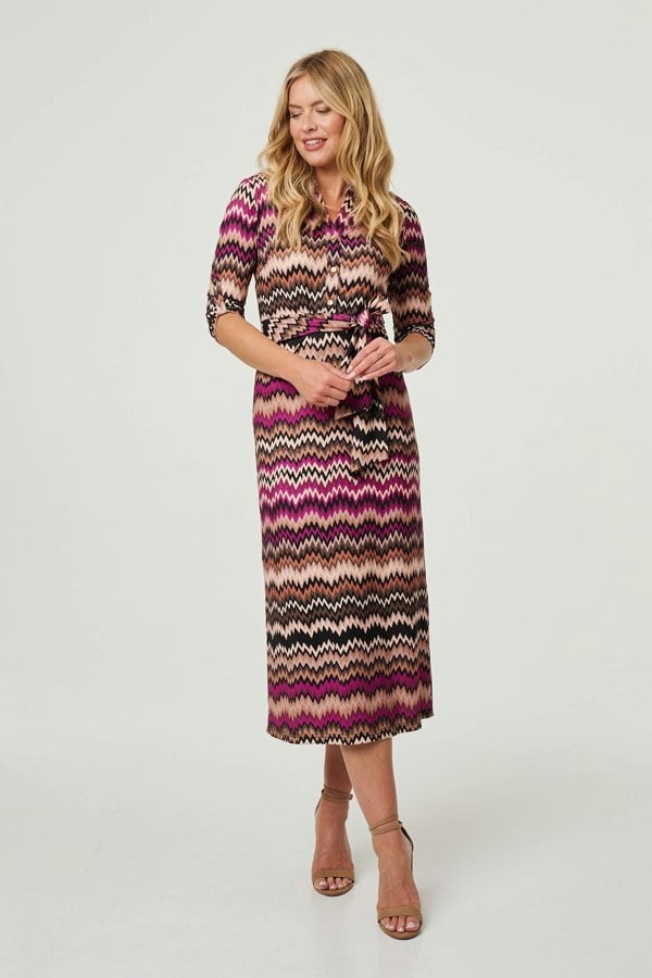 Purple | Chevron Print Tie Waist Midi Shirt Dress
