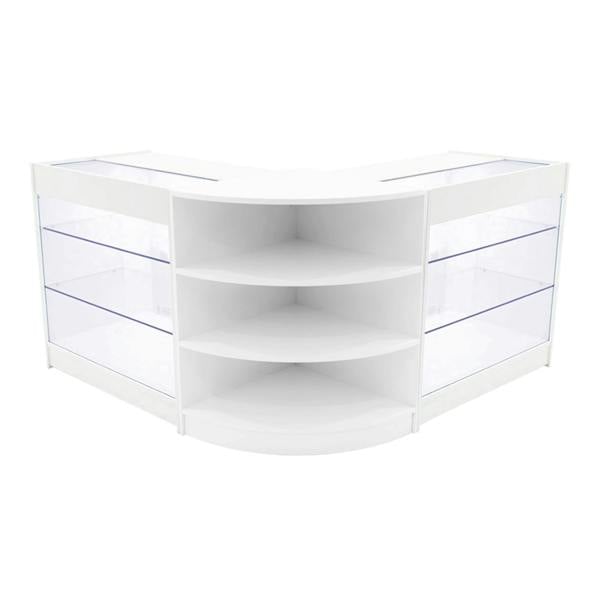 White Apollo LED shop counter set with curved design, featuring glass display shelves and modern, sleek finish for retail spaces