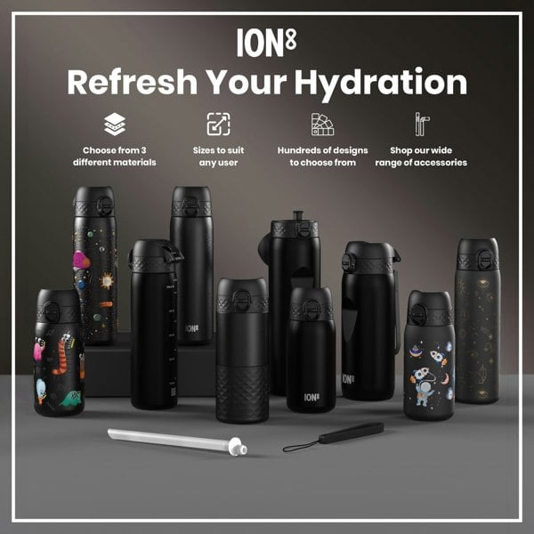 Several black water bottles, various sizes and designs, are displayed on a gray surface; accessories are also shown. "ION8 Refresh Your Hydration" is written above.