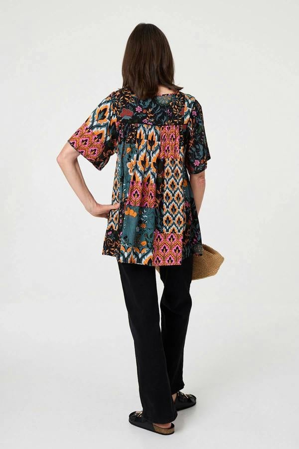 Teal | Floral Tie Front Relaxed Smock Blouse