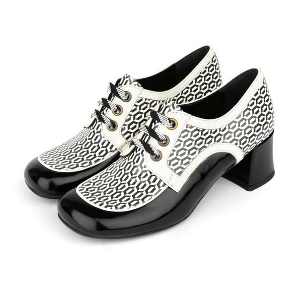 Embassy London Sovereign - Black & White Optical - Women's leather lace up shoe with block heel