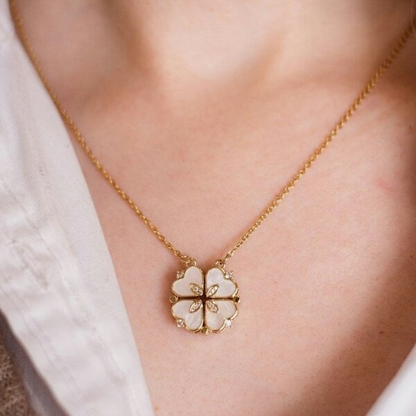 The Colourful Aura Four Heart Magnet Foldable Crystal Flower Drop Leaf Minimalistic Love Pendant - Gold - Gold