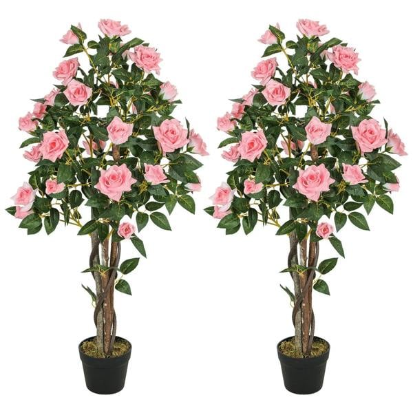 Set of two faux rose plants in black pots, pink blooms with green leaves