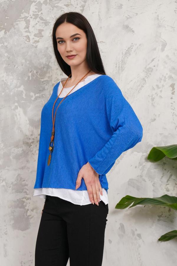 Hoxton Gal Oversized Long Sleeves Double Layered Top in Blue
