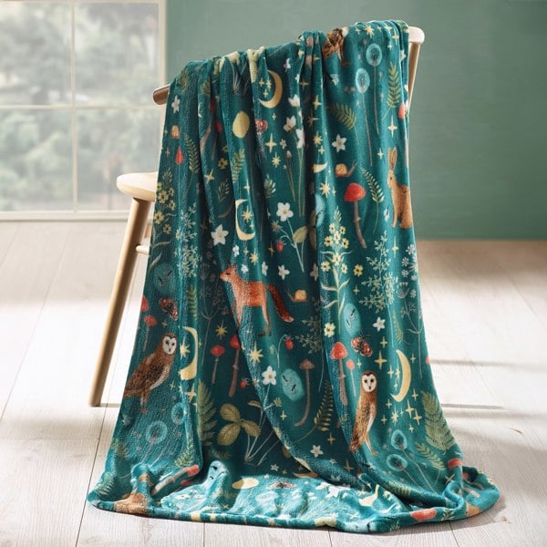 Catherine Lansfield Enchanted Twilight Animals Cosy Fleece Blanket Throw Forest Green