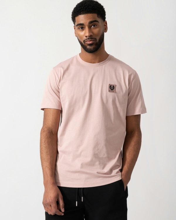 Model wearing a Belstaff Short Sleeved Mens Logo Patch T-Shirt  in Dusk Pink