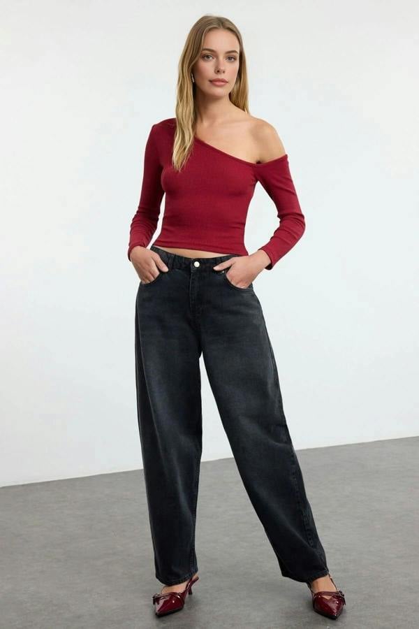 WOVCOR Fitted Asymmetric Collar Ribbed Knit Blouse