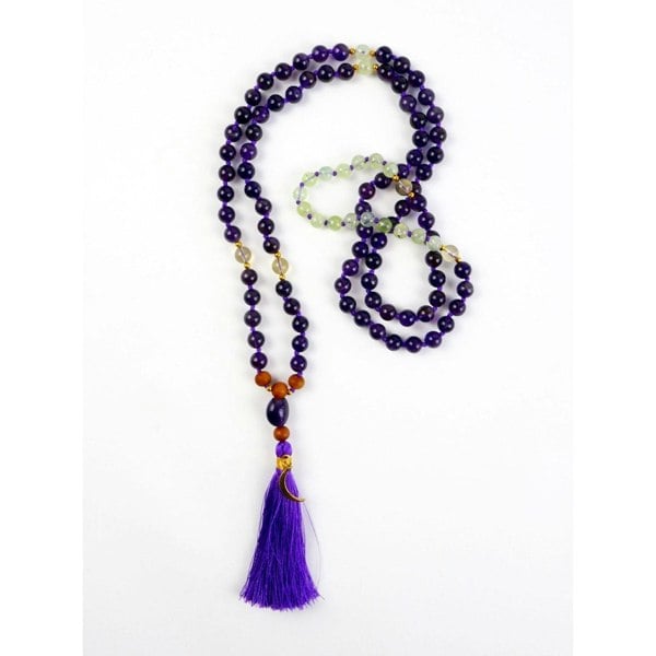 Kati Kaia amethyst mala necklace with purple beads and decorative tassel for yoga meditation