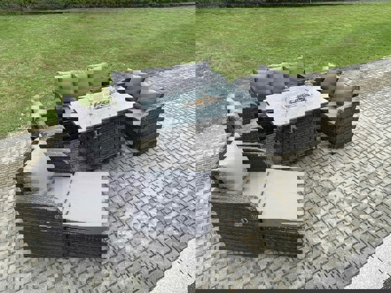 Fimous PE Wicker Outdoor Rattan Garden Furniture Set Propane Gas Fire Pit Table and Sofa Chair set with Big Footstool