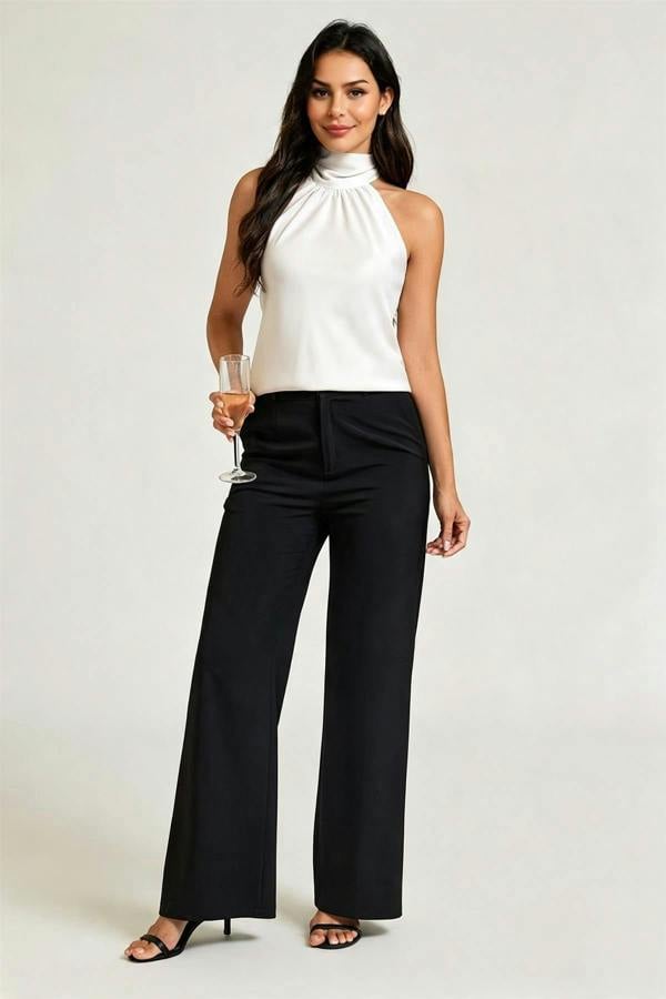FS Collection Satin Halter Neck Tie Back Top In White