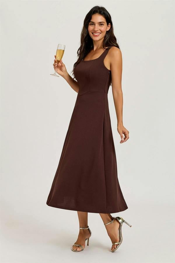 FS Collection Square Neck Sleeveless Fit & Flare Midi Dress In Espresso