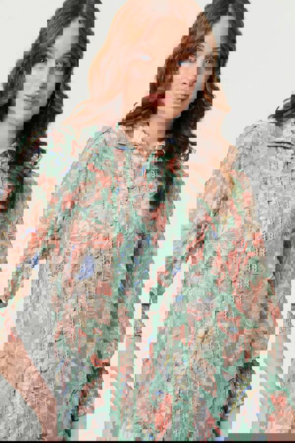 Green | Floral Lace Trim 3/4 Sleeve Shirt