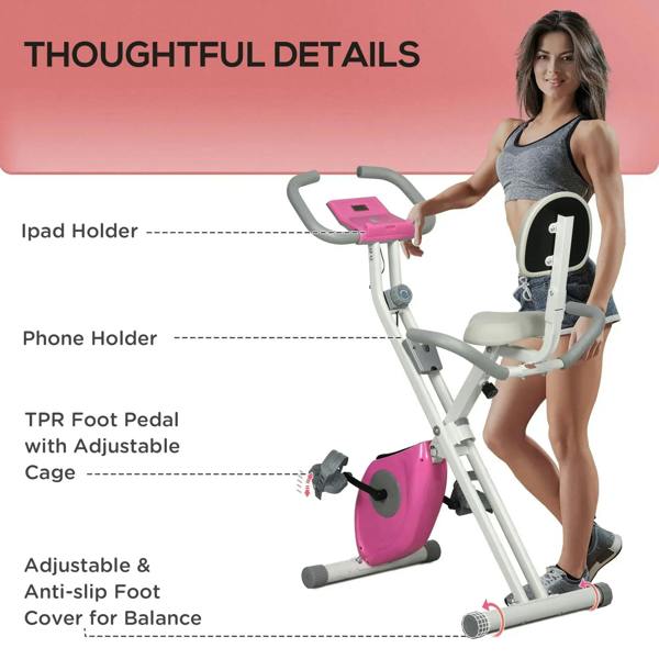 Folding exercise bike with phone and iPad holders, pink flywheel, anti-slip pedals