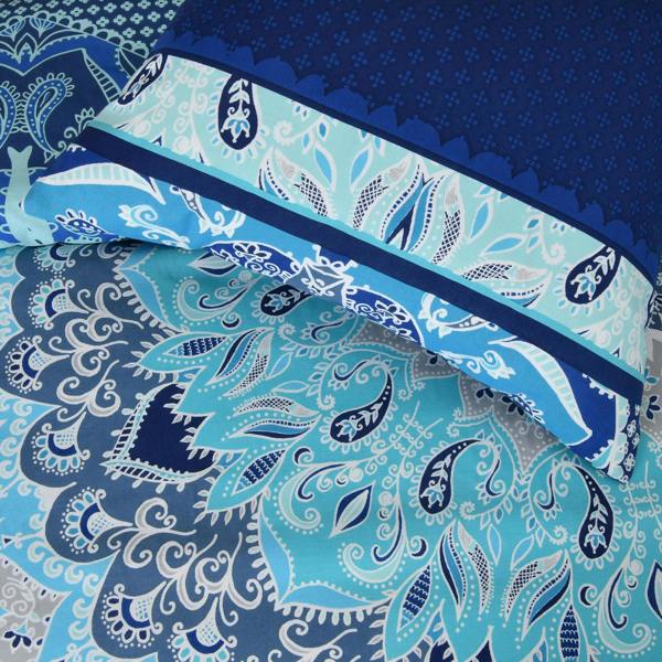 Smart Living Reversible Polycotton Paisley Mandala Duvet Cover and Pillowcase Set - Blue