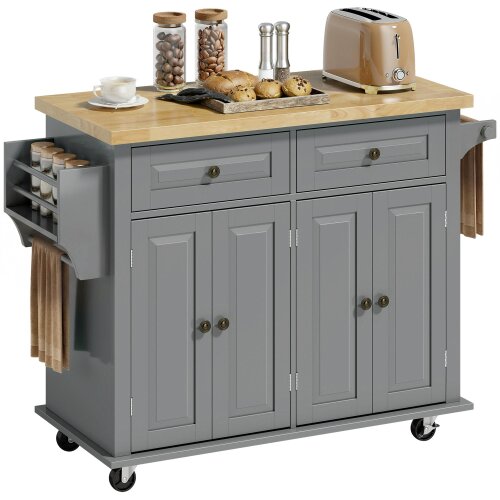 HOMCOM Rolling Kitchen Island Cart with Rubber Wood Top, Spice Rack, Grey