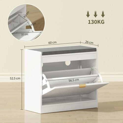 Wyld Haus Baniri White Wood and Grey Upholstered Entryway Shoe Bench With Flip Drawer