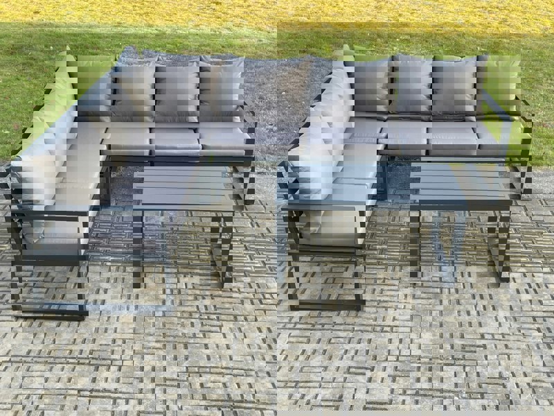 Fimous Aluminium Garden Furniture Set Outdoor Indoor Lounge Corner Sofa Oblong Coffee Table Sets Dark Grey 6 Seater