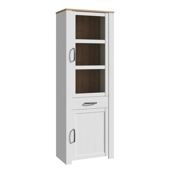Wyld Haus Bramblecroft White and Natural Oak Wood Narrow Display Cabinet 2 Doors 1 Drawer