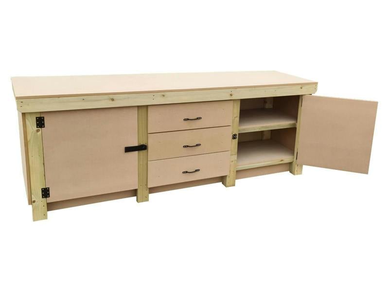 Arbor Garden Solutions Wooden work bench with drawers and double lockable cupboard (V.8) with double shelf
