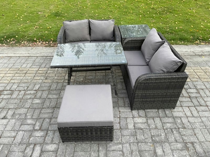 Fimous Outdoor Garden Furniture Sets 5 Pieces Wicker Rattan Furniture Sofa Sets with Rectangular Dining Table Love Sofa Big Footstool Side Table