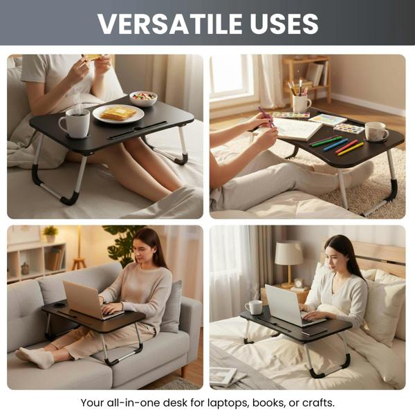 LKH HOME COLLECTION Foldable Laptop Table with Tablet Holding Slot - 60×40×28 cm Portable Bed Tray with Drink Holder, for Bed, Sofa & Desk