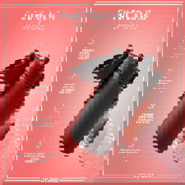 A dark gray water bottle, with a flip-top lid open to 240 degrees, is held by a person against a pink background. Full Flip Lid, 240° Opening. POD THERMAL.