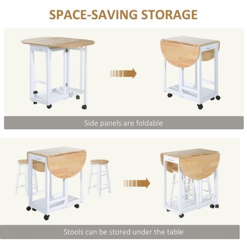 Wyld Haus Rasola Wooden White Mobile Drop Leaf Dining Table With Stools Drawers Shelving And Wheels