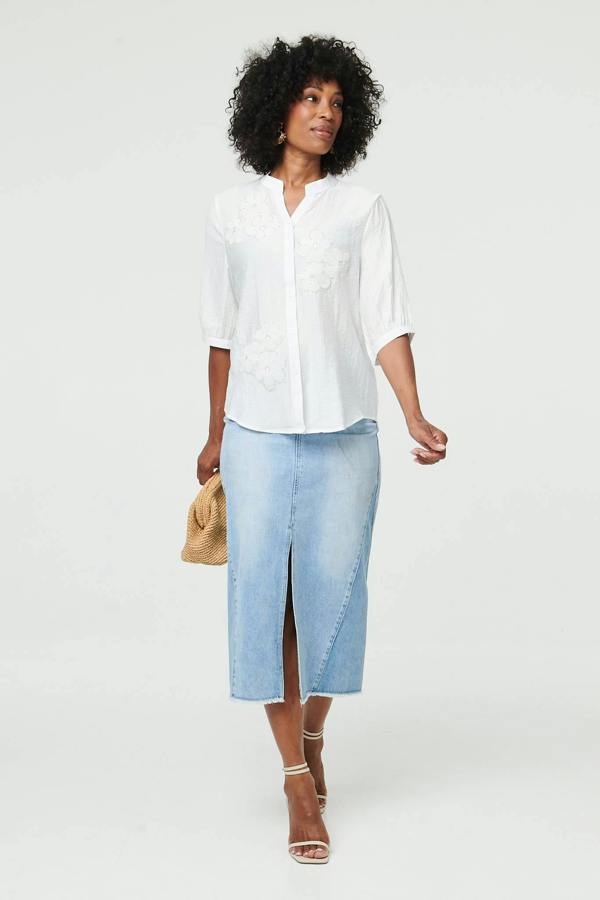 White | Embellished Floral 3/4 Sleeve Blouse
