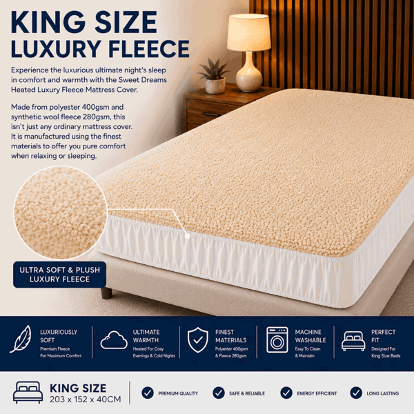 Sweet Dreams King Size Electric Heated Blanket Mattress Soft Fleece Throw 9 Heat And 9 Timer Settings Dual Controller Washable