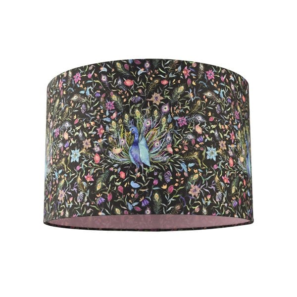 Purple Peacock and Multi Coloured Floral Cotton Fabric Drum Lamp Shade Image 1