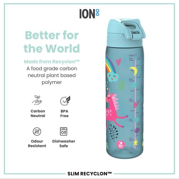 ION8 Leak Proof Slim Water Bottle, Recyclon, Blue Unicorns, 500ml (18oz)