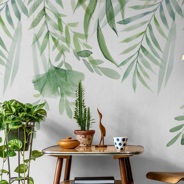 Grandeco Ginko Watercolour Trailing Leaves and Fronds 3 lane Repeatable Wallpaper Mural, 1.59 x 2.8m, Green