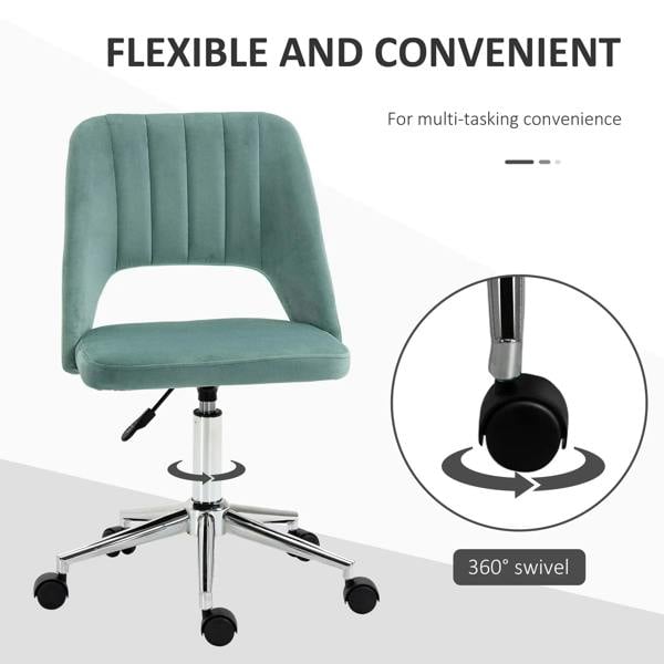 Green velvet mid-back swivel office chair with arched scalloped back and sturdy five-star base