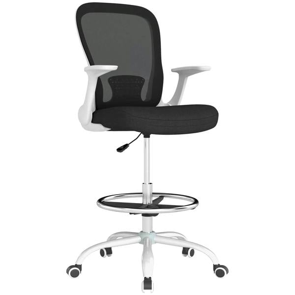 Black mesh drafting chair with flip-up armrests, adjustable foot ring, caster base