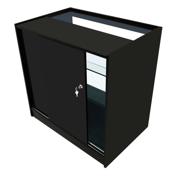 Sleek black Hera LED shop counter set featuring a glass top, sliding doors, and interior shelves for organized display storage