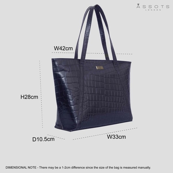 Assots London 'AGNES' Navy Croc Real Leather Designer Tote Bag