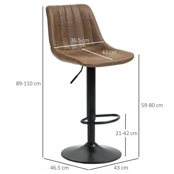 Brown high-back bar stool with black pedestal base and curved footrest, angled view.