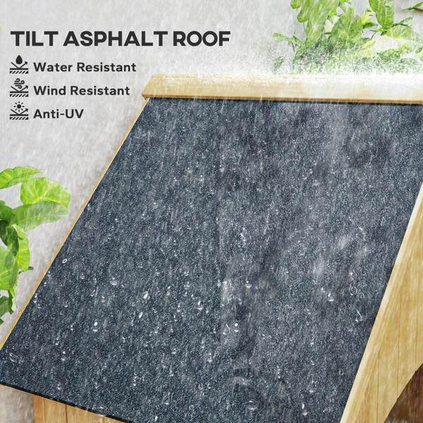 Asphalt tilt roof panel on natural wood garden shed, dark textured surface